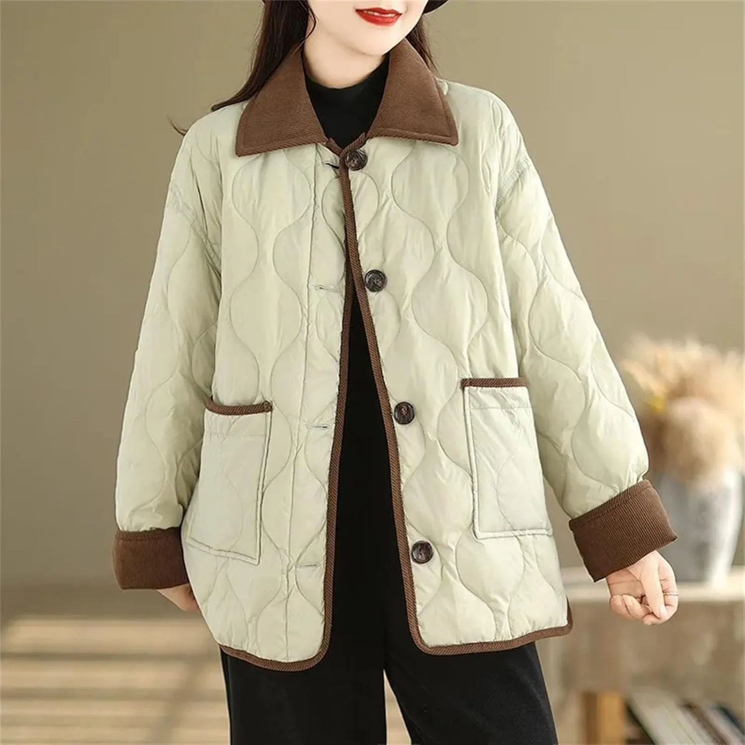 Women's Loose Casual Parkas Contrasting Lapels Light Cotton Padded Jacket Long Sleeve Button Outwear Coat
