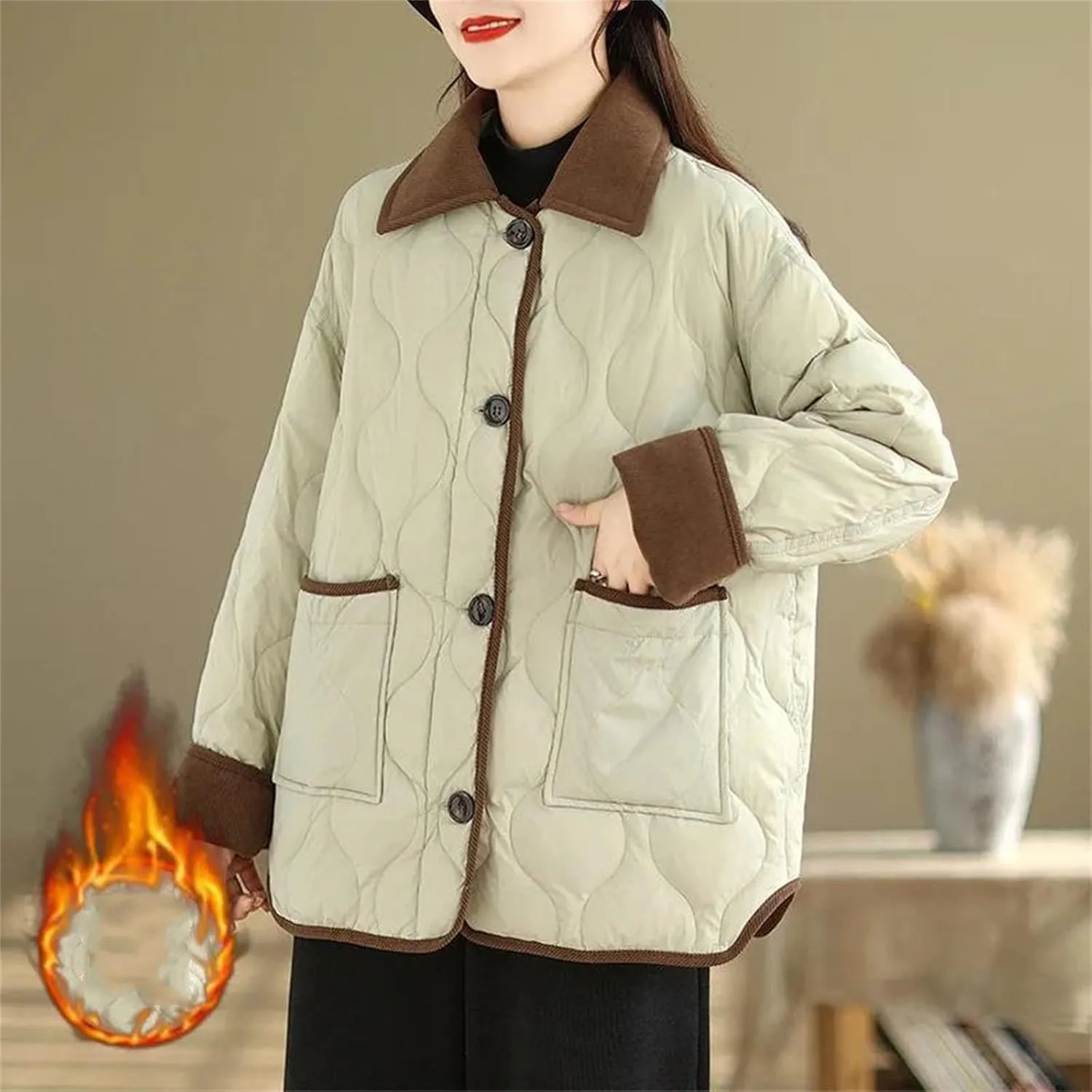 Women's Loose Casual Parkas Contrasting Lapels Light Cotton Padded Jacket Long Sleeve Button Outwear Coat