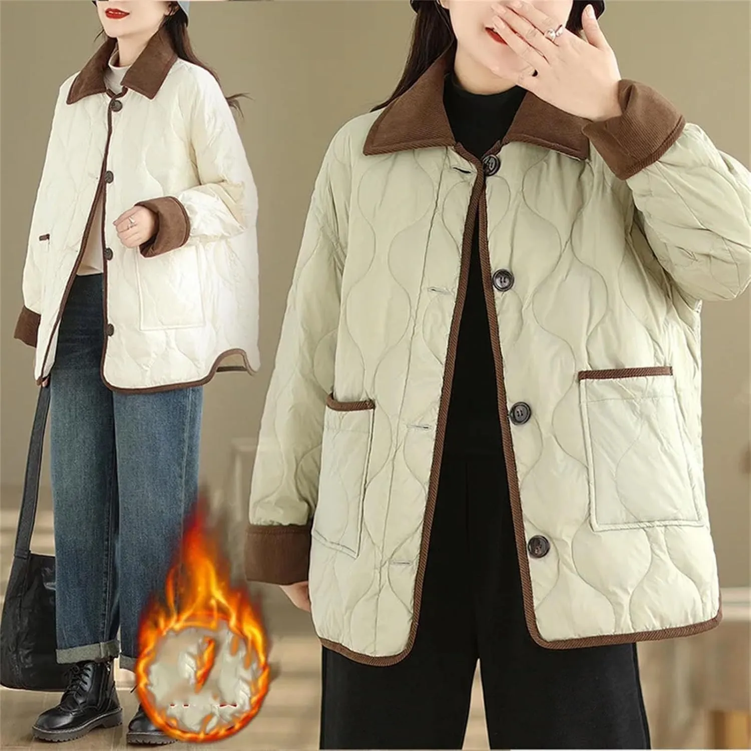 Women's Loose Casual Parkas Contrasting Lapels Light Cotton Padded Jacket Long Sleeve Button Outwear Coat