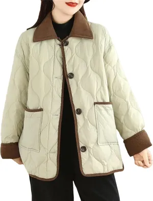 Women's Loose Casual Parkas Contrasting Lapels Light Cotton Padded Jacket Long Sleeve Button Outwear Coat