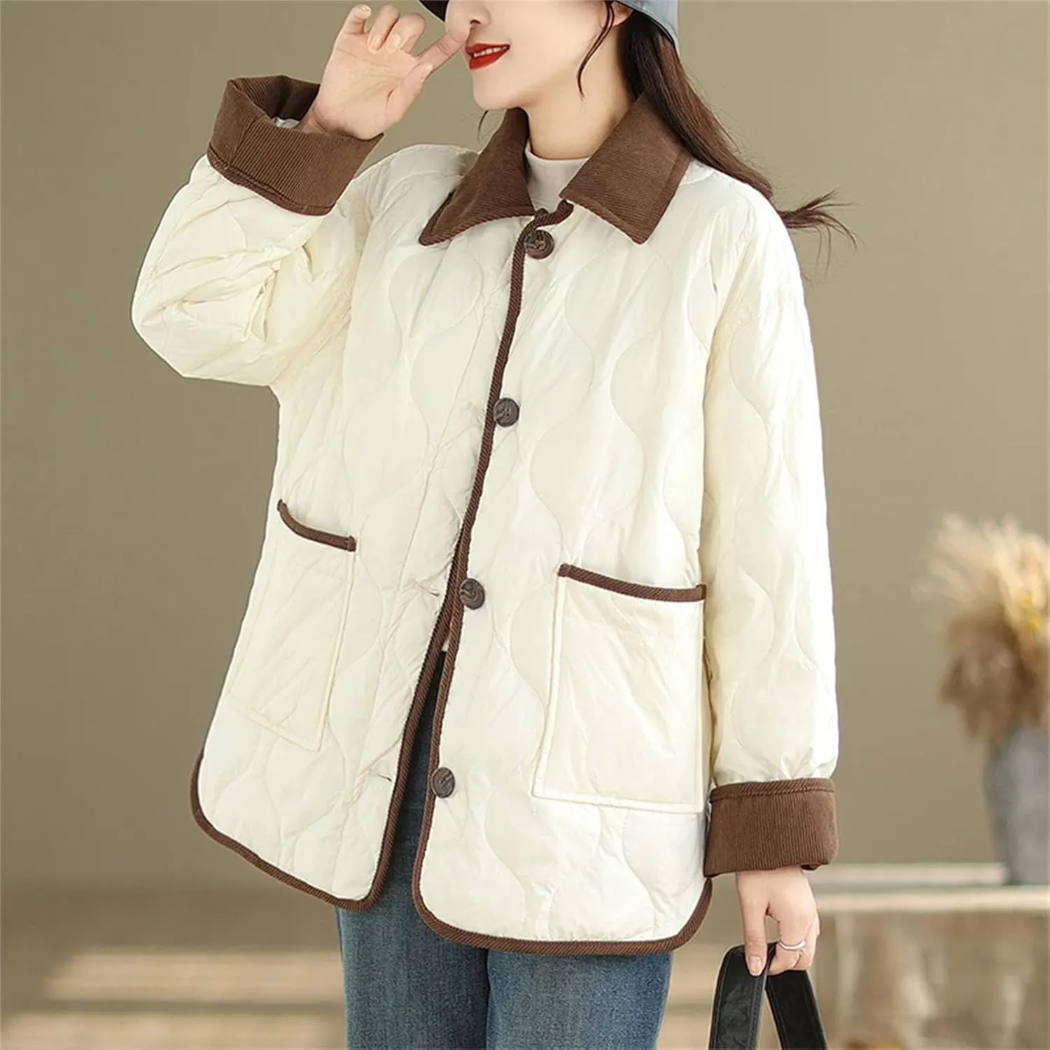 Women's Loose Casual Parkas Contrasting Lapels Light Cotton Padded Jacket Long Sleeve Button Outwear Coat