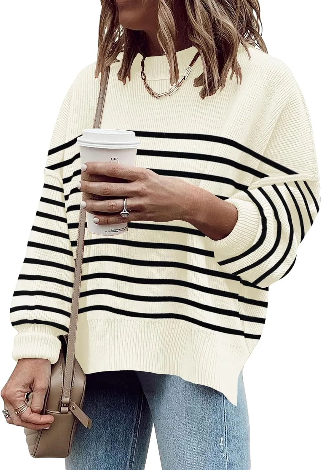 Women's Oversized Crewneck Sweaters Batwing Long Sleeve Side Slit Ribbed Knit Pullover Sweater Tops