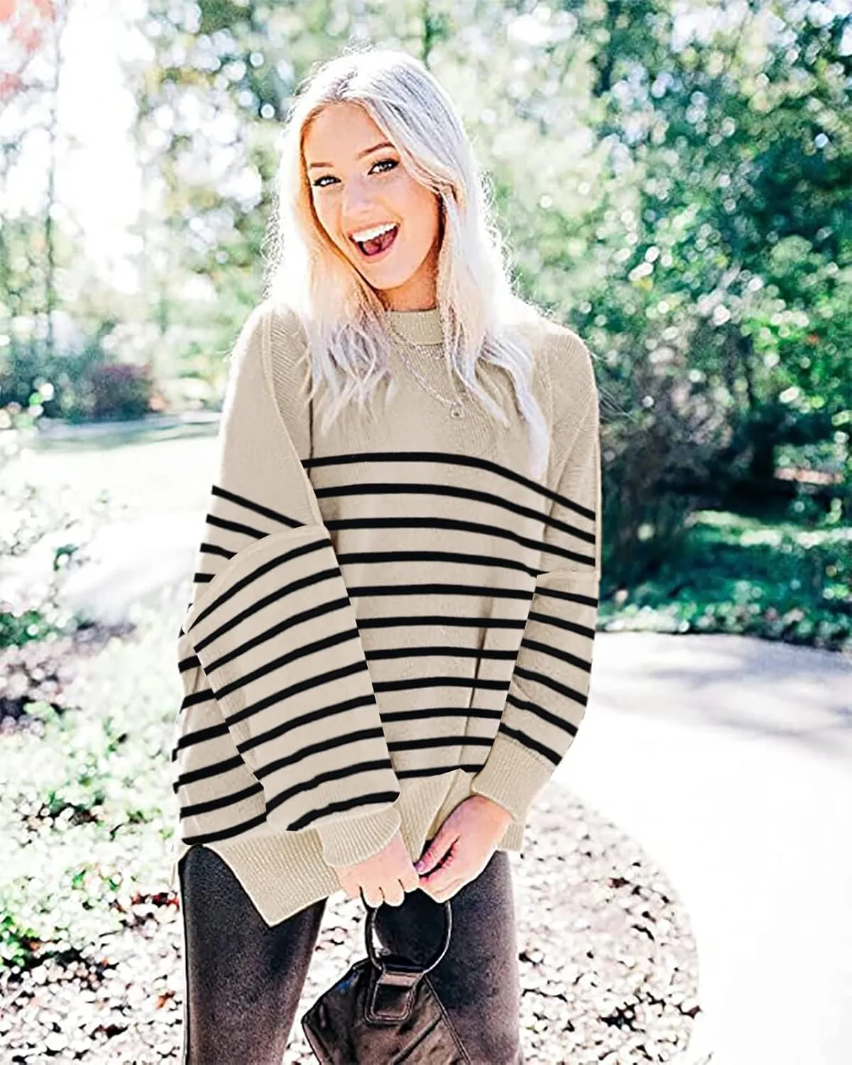 Women's Oversized Crewneck Sweaters Batwing Long Sleeve Side Slit Ribbed Knit Pullover Sweater Tops