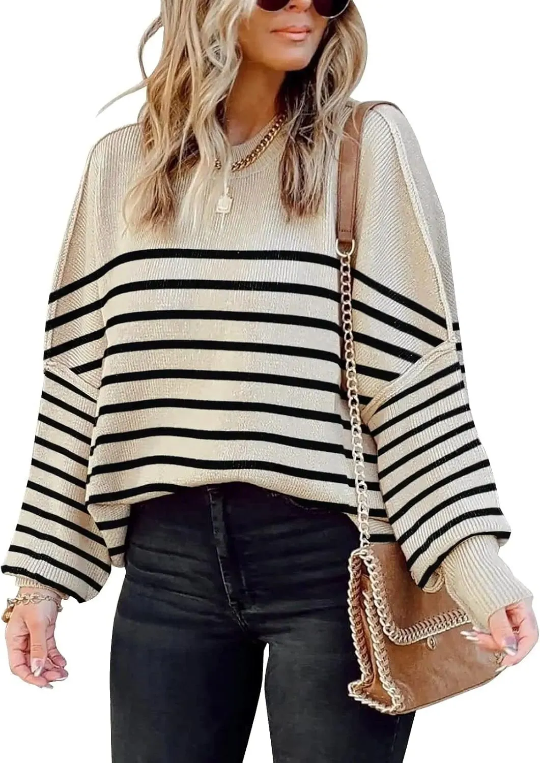Women's Oversized Crewneck Sweaters Batwing Long Sleeve Side Slit Ribbed Knit Pullover Sweater Tops