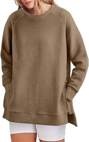 Womens Oversized Sweatshirt Crewneck Long Sleeve Tunic Pollover Side Zipper Hoodie Sweater 2024 Fall Clothes