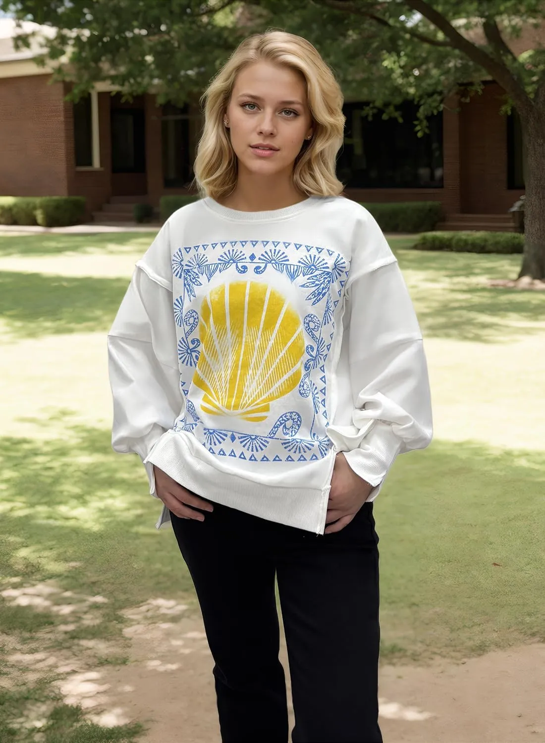 Women's Oversized Sweatshirt Long Sleeve Y2k Star Shirt Drop Shoulder Vintage Graphic Crewneck Top