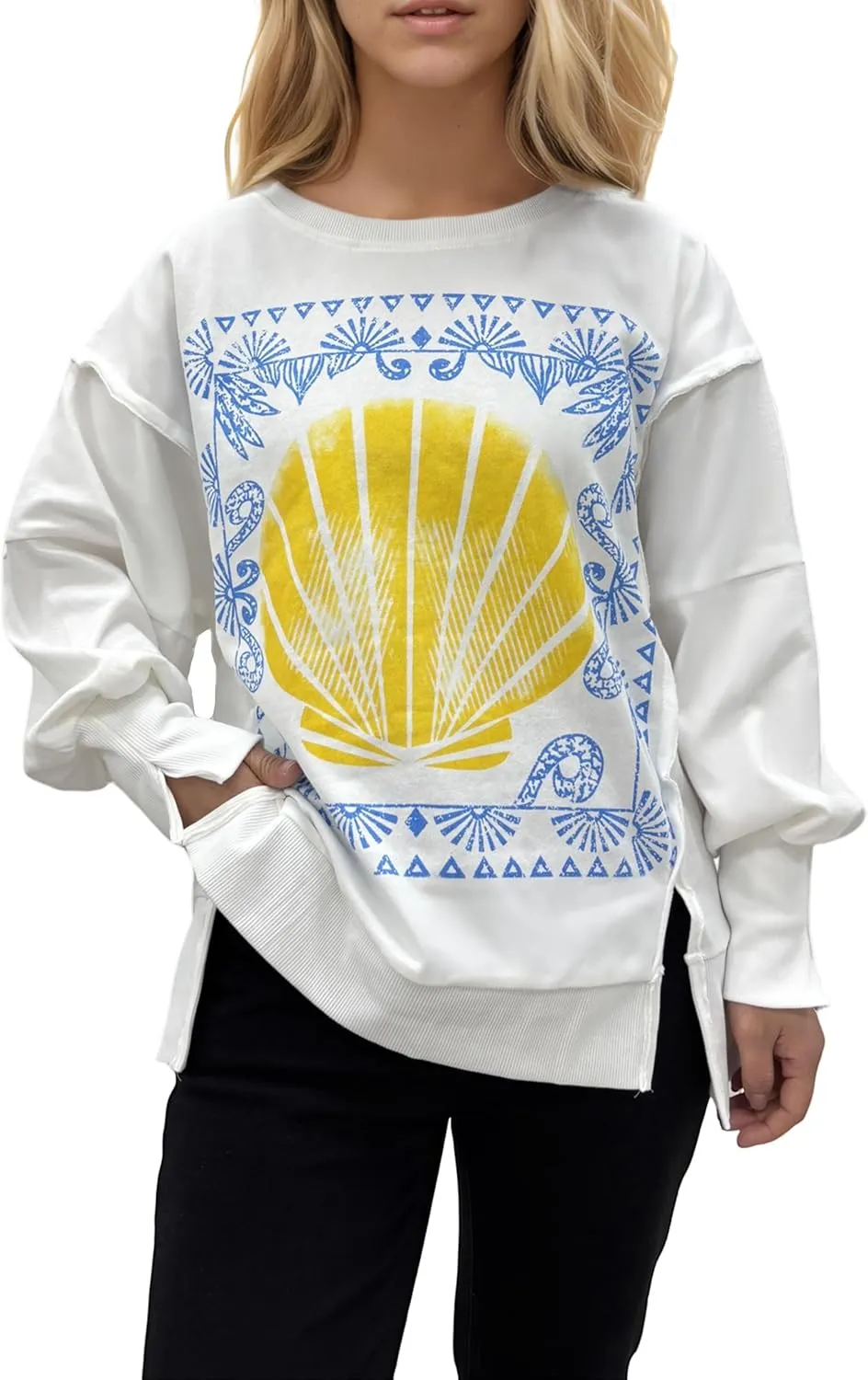 Women's Oversized Sweatshirt Long Sleeve Y2k Star Shirt Drop Shoulder Vintage Graphic Crewneck Top