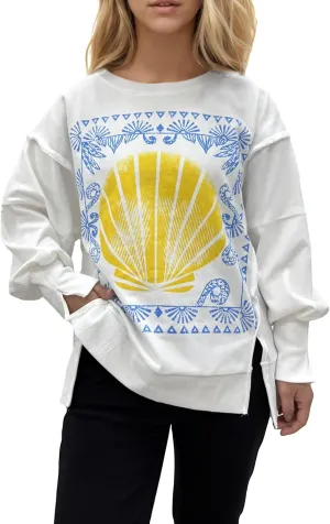 Women's Oversized Sweatshirt Long Sleeve Y2k Star Shirt Drop Shoulder Vintage Graphic Crewneck Top