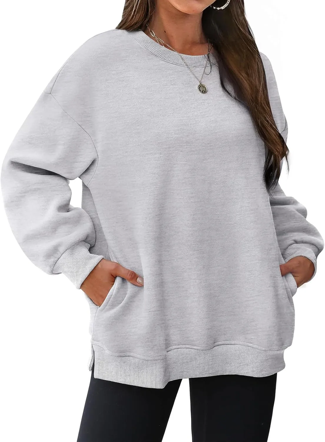 Womens Oversized Sweatshirts Side Slit Crewneck Long Sleeve Tops Loose Pullover 2024 Fall Women Extra