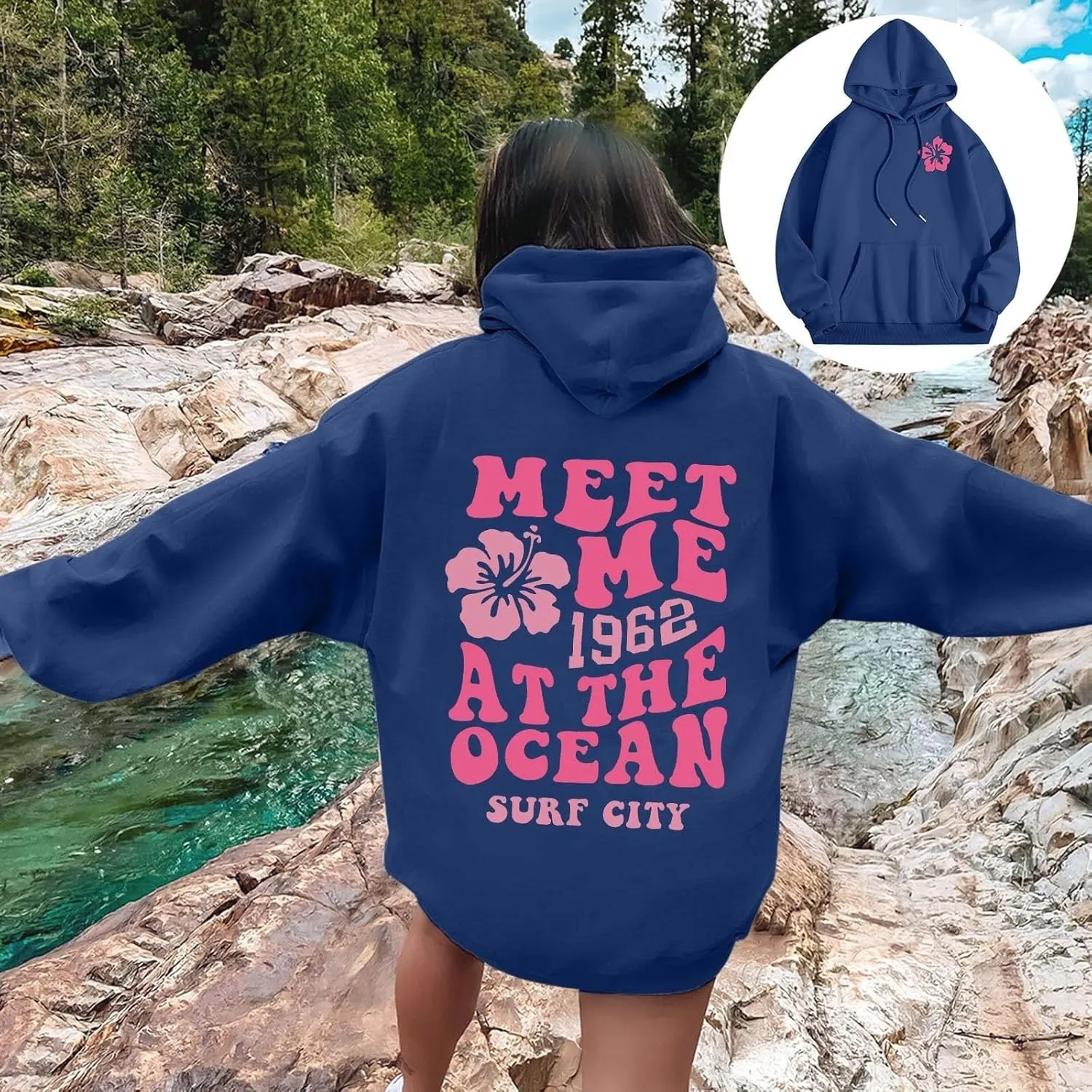 Women's Plain Basics Hoodies Oversized Brushed Letters Loose Fit Hooded Sweatshirts Long Sleeves Pockets