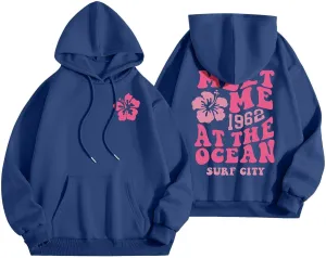 Women's Plain Basics Hoodies Oversized Brushed Letters Loose Fit Hooded Sweatshirts Long Sleeves Pockets