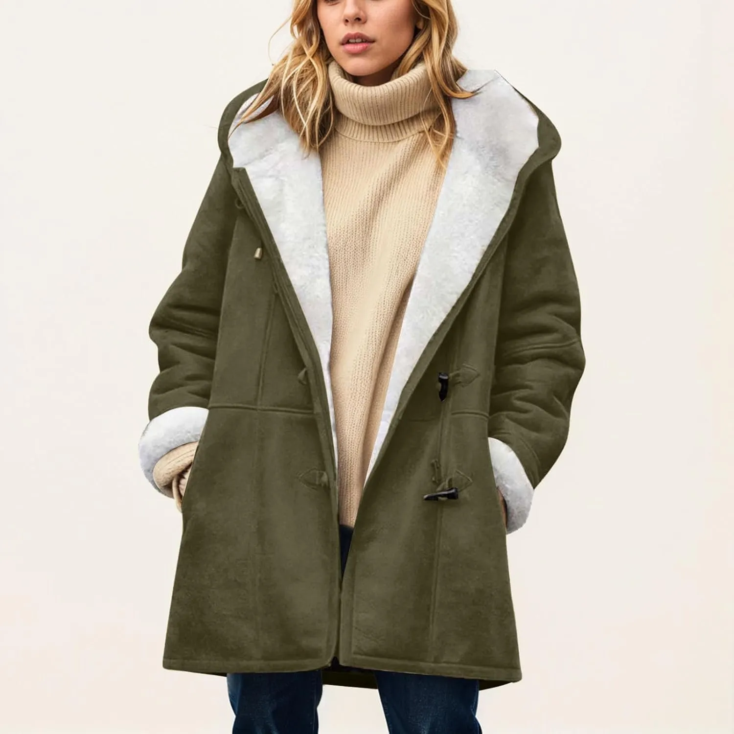Womens Plus Size Winter Coats 2024, Warm Sherpa Fleece Lined Jackets, Hooded Parka Faux Suede Pea Coat, Long Cozy Outerwear