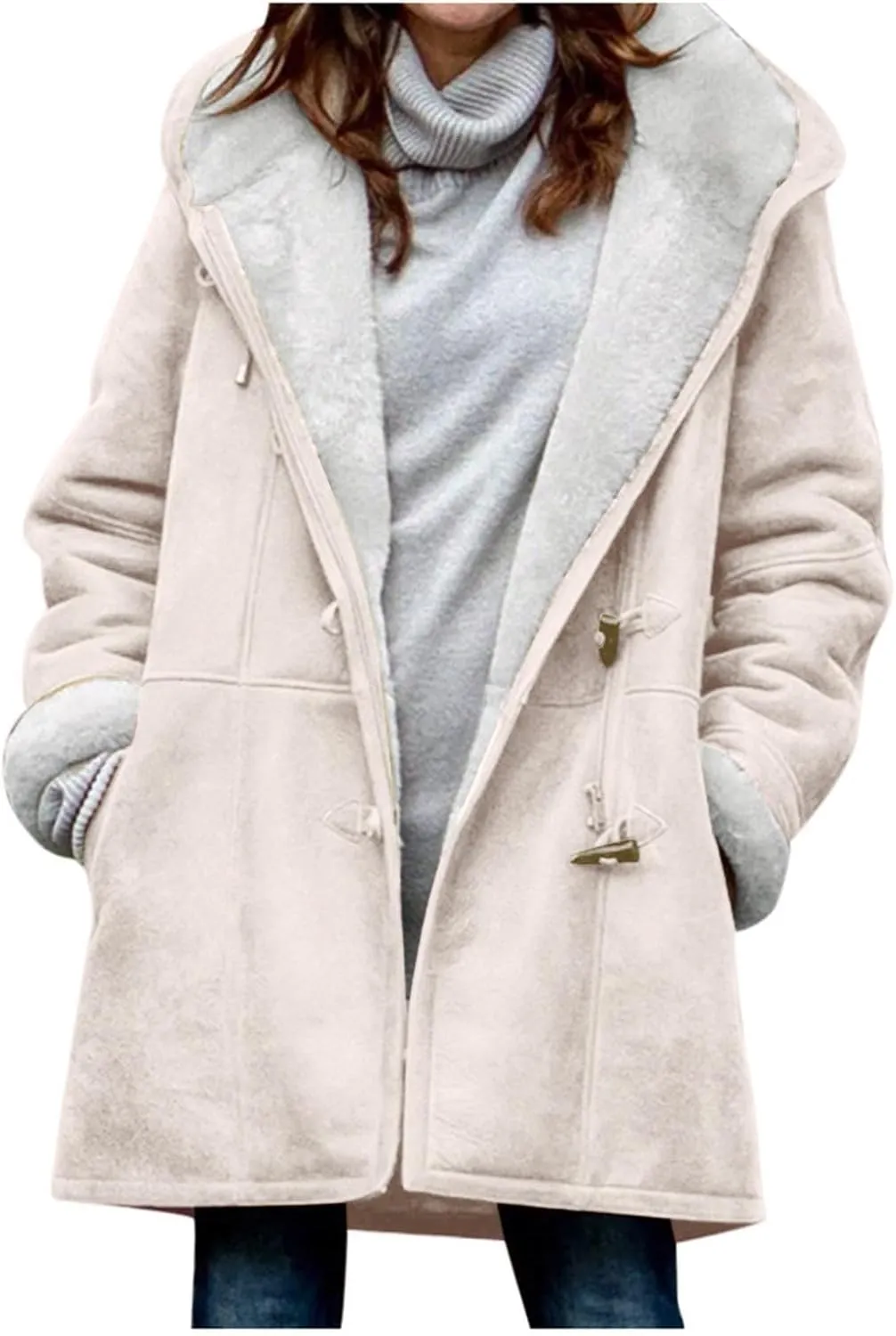 Womens Plus Size Winter Coats 2024, Warm Sherpa Fleece Lined Jackets, Hooded Parka Faux Suede Pea Coat, Long Cozy Outerwear