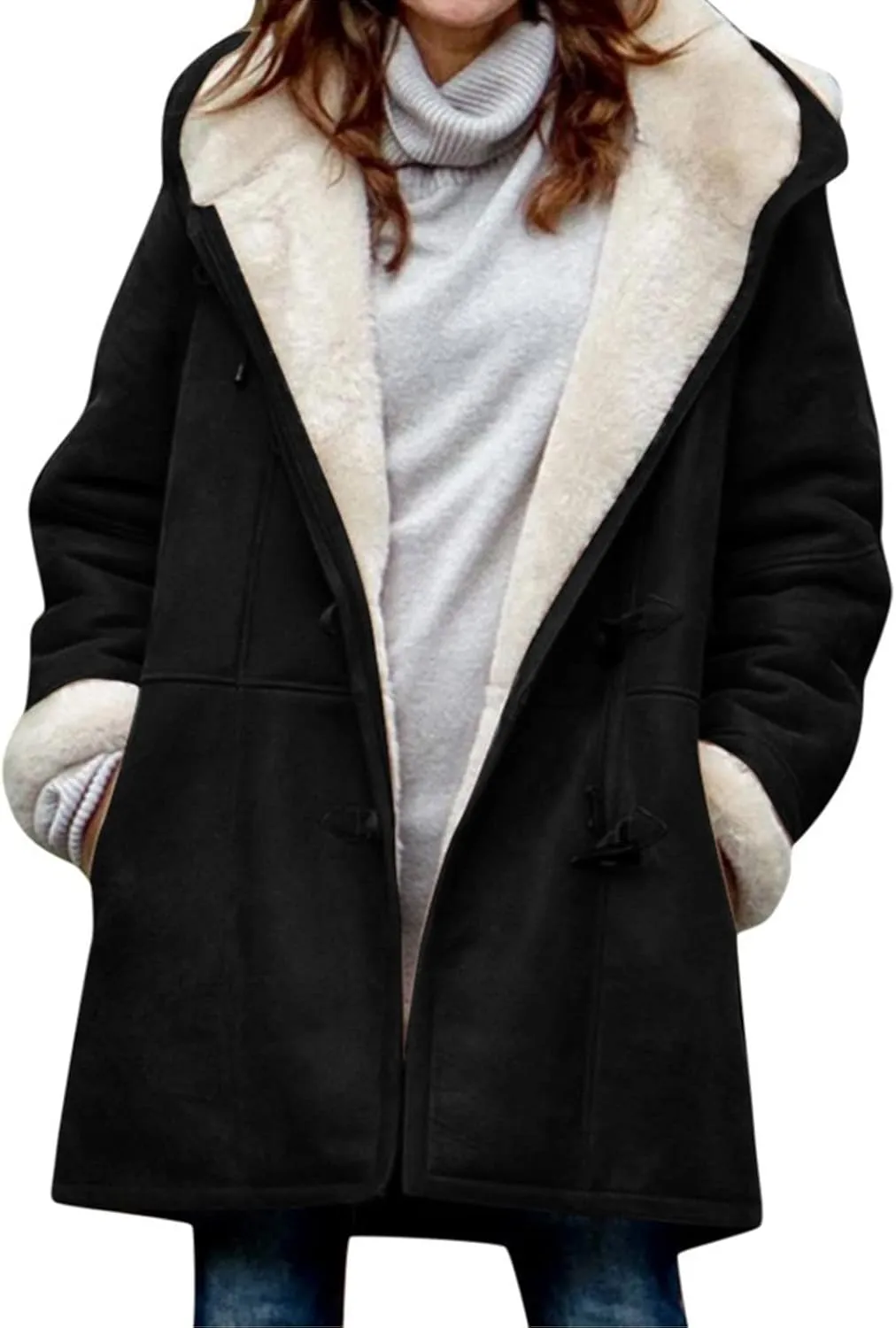 Womens Plus Size Winter Coats 2024, Warm Sherpa Fleece Lined Jackets, Hooded Parka Faux Suede Pea Coat, Long Cozy Outerwear