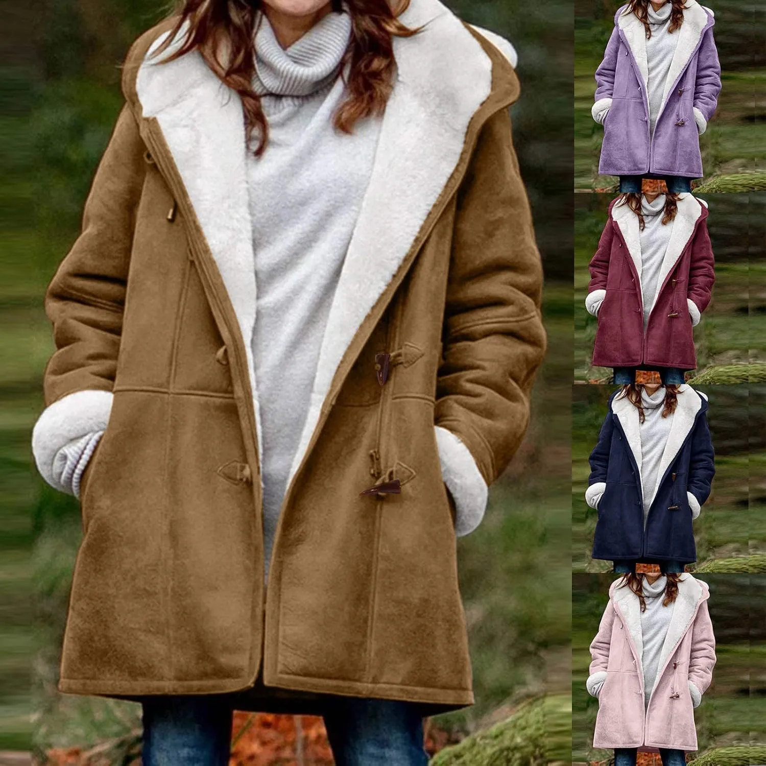 Womens Plus Size Winter Coats 2024, Warm Sherpa Fleece Lined Jackets, Hooded Parka Faux Suede Pea Coat, Long Cozy Outerwear