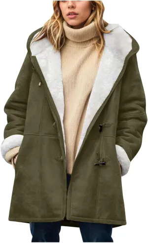 Womens Plus Size Winter Coats 2024, Warm Sherpa Fleece Lined Jackets, Hooded Parka Faux Suede Pea Coat, Long Cozy Outerwear