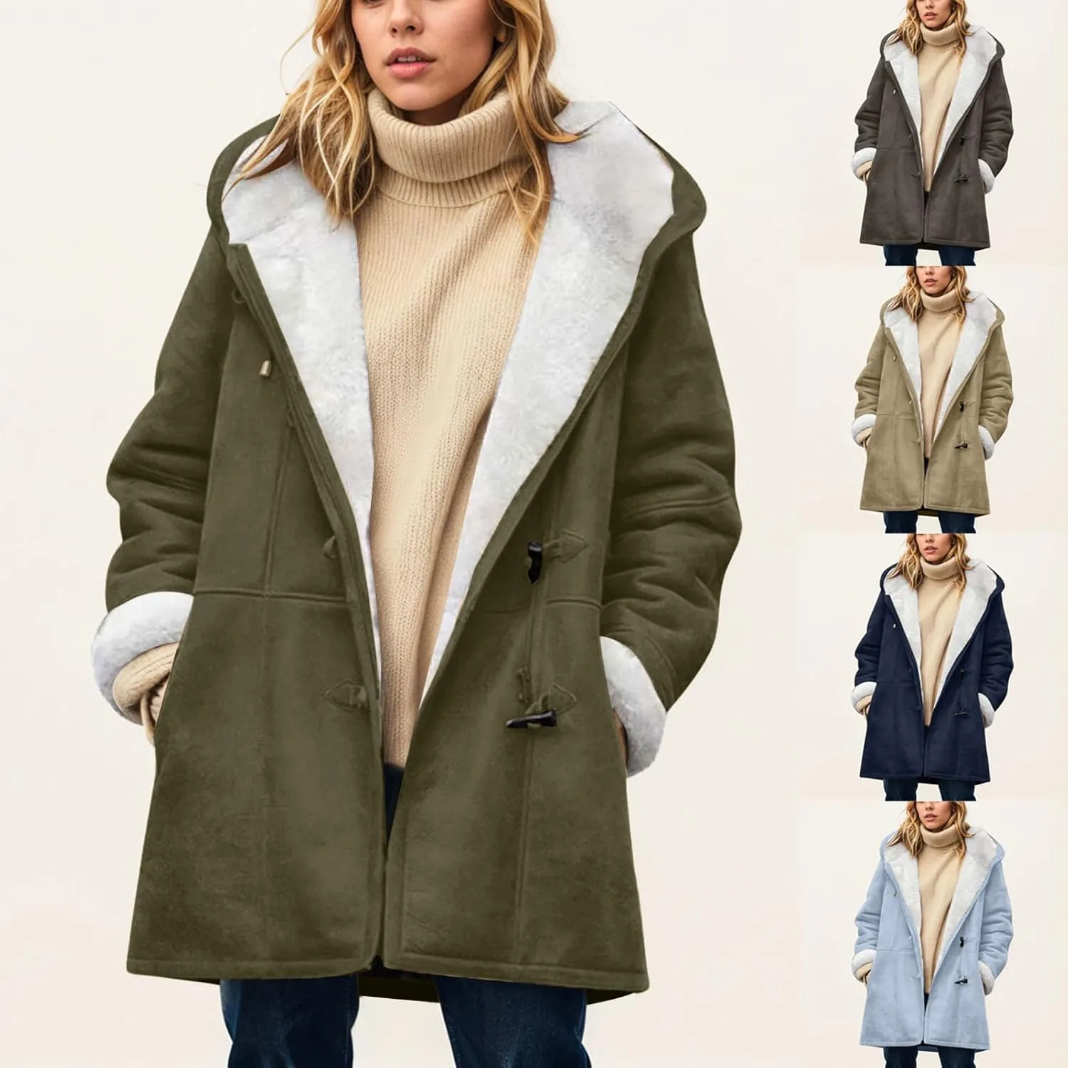 Womens Plus Size Winter Coats 2024, Warm Sherpa Fleece Lined Jackets, Hooded Parka Faux Suede Pea Coat, Long Cozy Outerwear