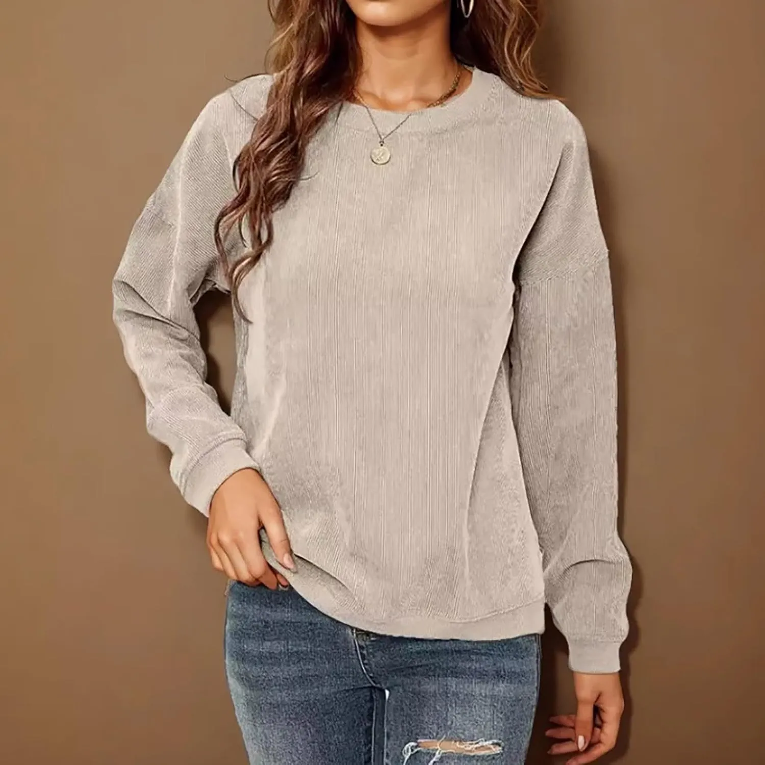 Women's Ribbed Casual Sweatshirts Crew Neck Hoodie Long Sleeve Pullover Top Y2K Loose Trendy Fall Clothes