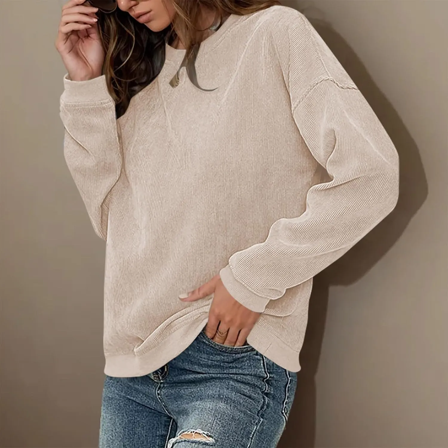 Women's Ribbed Casual Sweatshirts Crew Neck Hoodie Long Sleeve Pullover Top Y2K Loose Trendy Fall Clothes