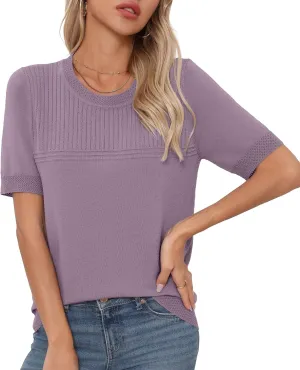 Womens Short Sleeve Sweaters Summer Tops Crew Neck Hollow Out Pullover Shirt Lightweight Knit Sweaters