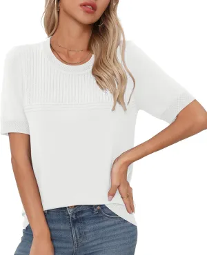 Womens Short Sleeve Sweaters Summer Tops Crew Neck Hollow Out Pullover Shirt Lightweight Knit Sweaters