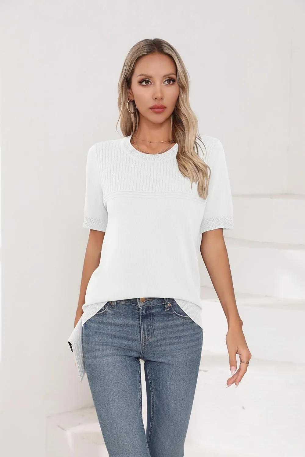 Womens Short Sleeve Sweaters Summer Tops Crew Neck Hollow Out Pullover Shirt Lightweight Knit Sweaters
