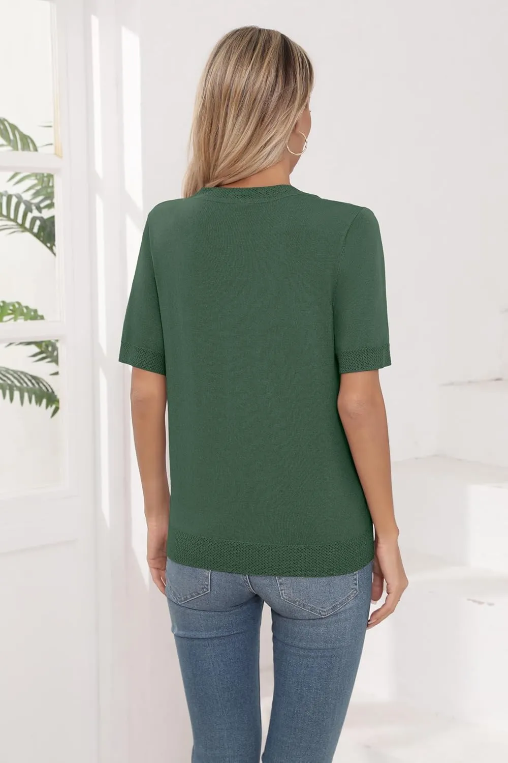 Womens Short Sleeve Sweaters Summer Tops Crew Neck Hollow Out Pullover Shirt Lightweight Knit Sweaters