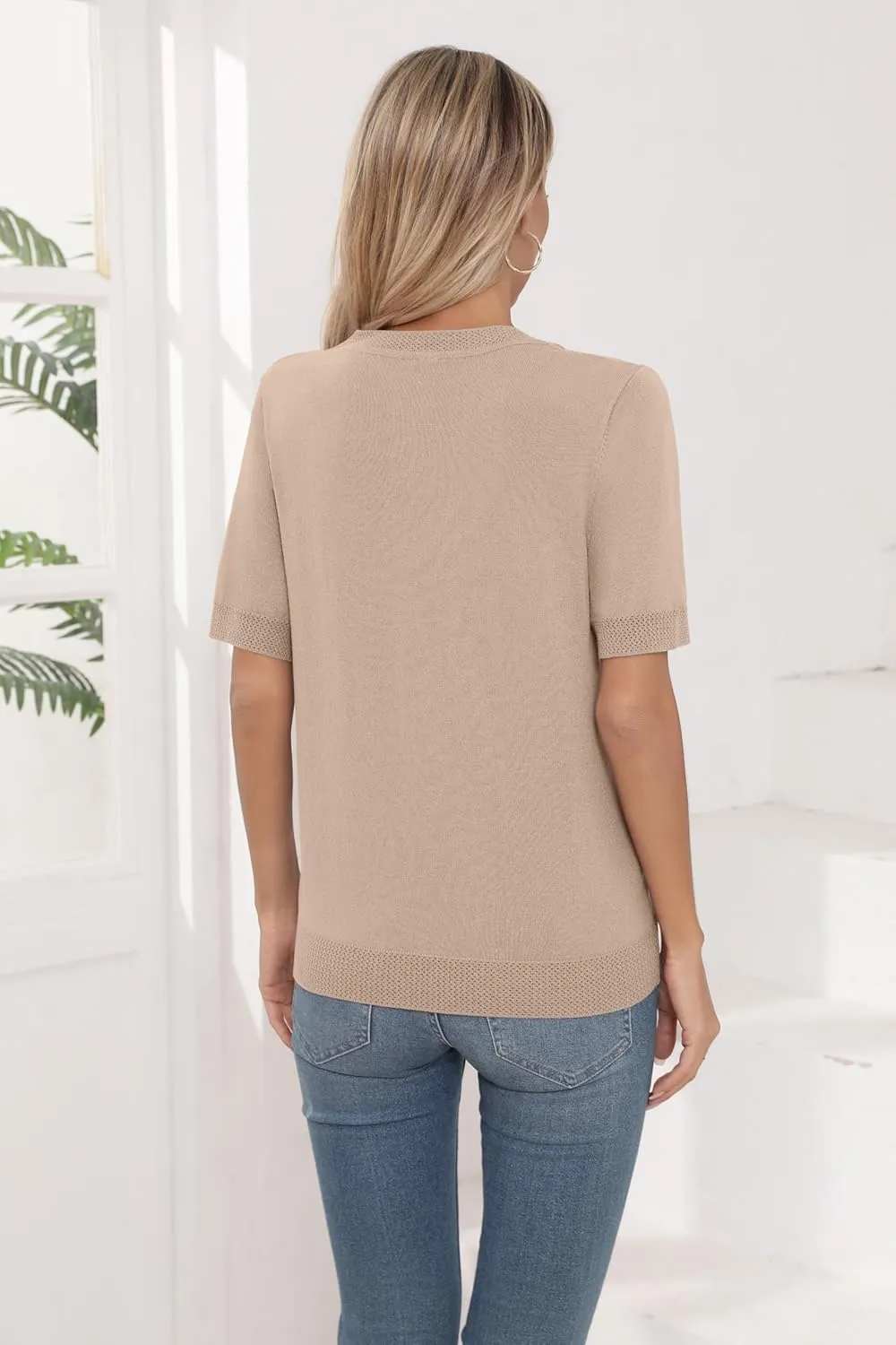 Womens Short Sleeve Sweaters Summer Tops Crew Neck Hollow Out Pullover Shirt Lightweight Knit Sweaters