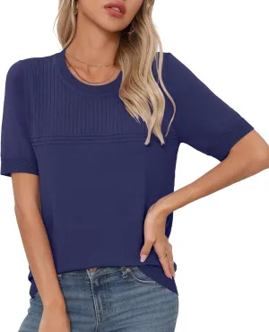 Womens Short Sleeve Sweaters Summer Tops Crew Neck Hollow Out Pullover Shirt Lightweight Knit Sweaters