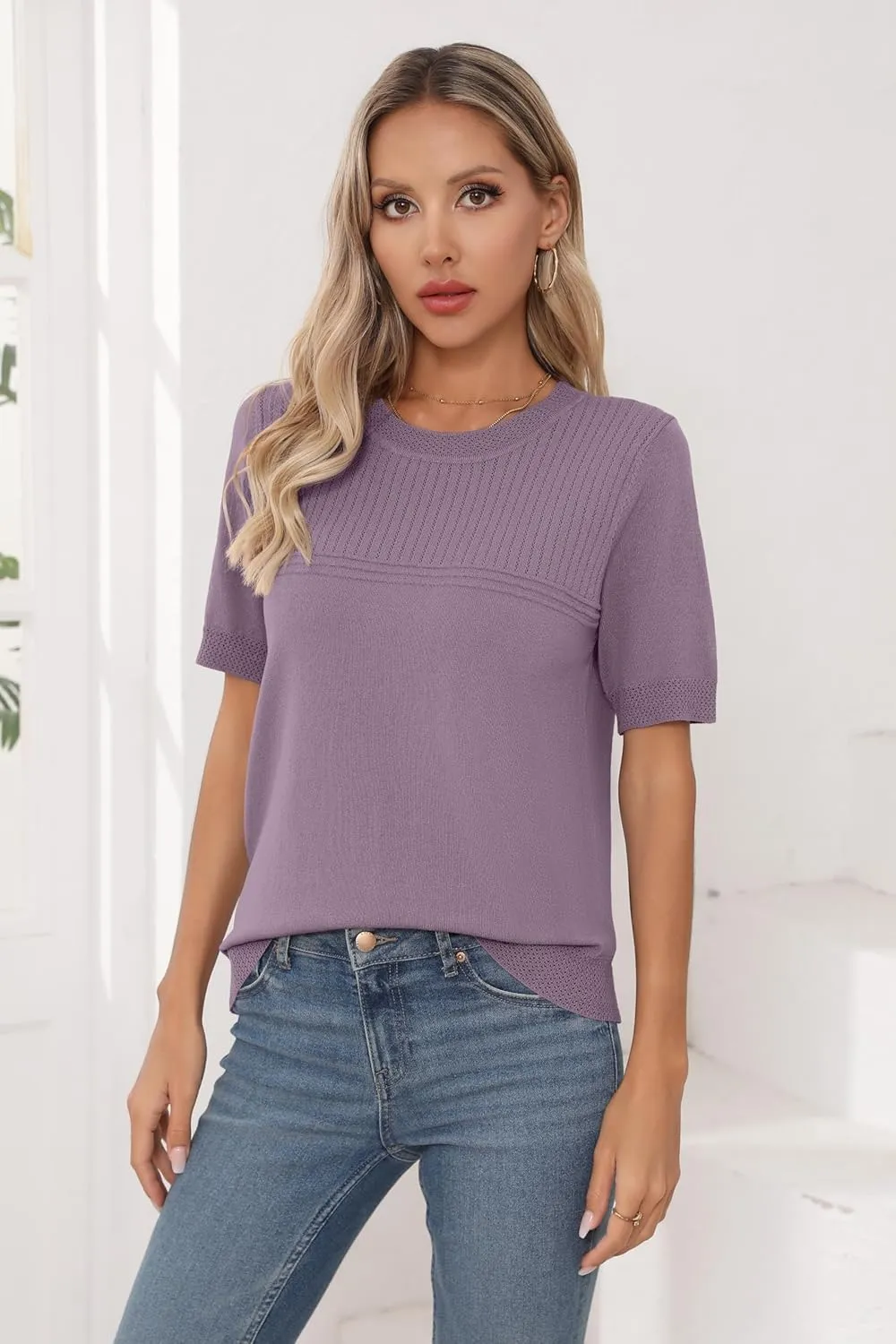 Womens Short Sleeve Sweaters Summer Tops Crew Neck Hollow Out Pullover Shirt Lightweight Knit Sweaters