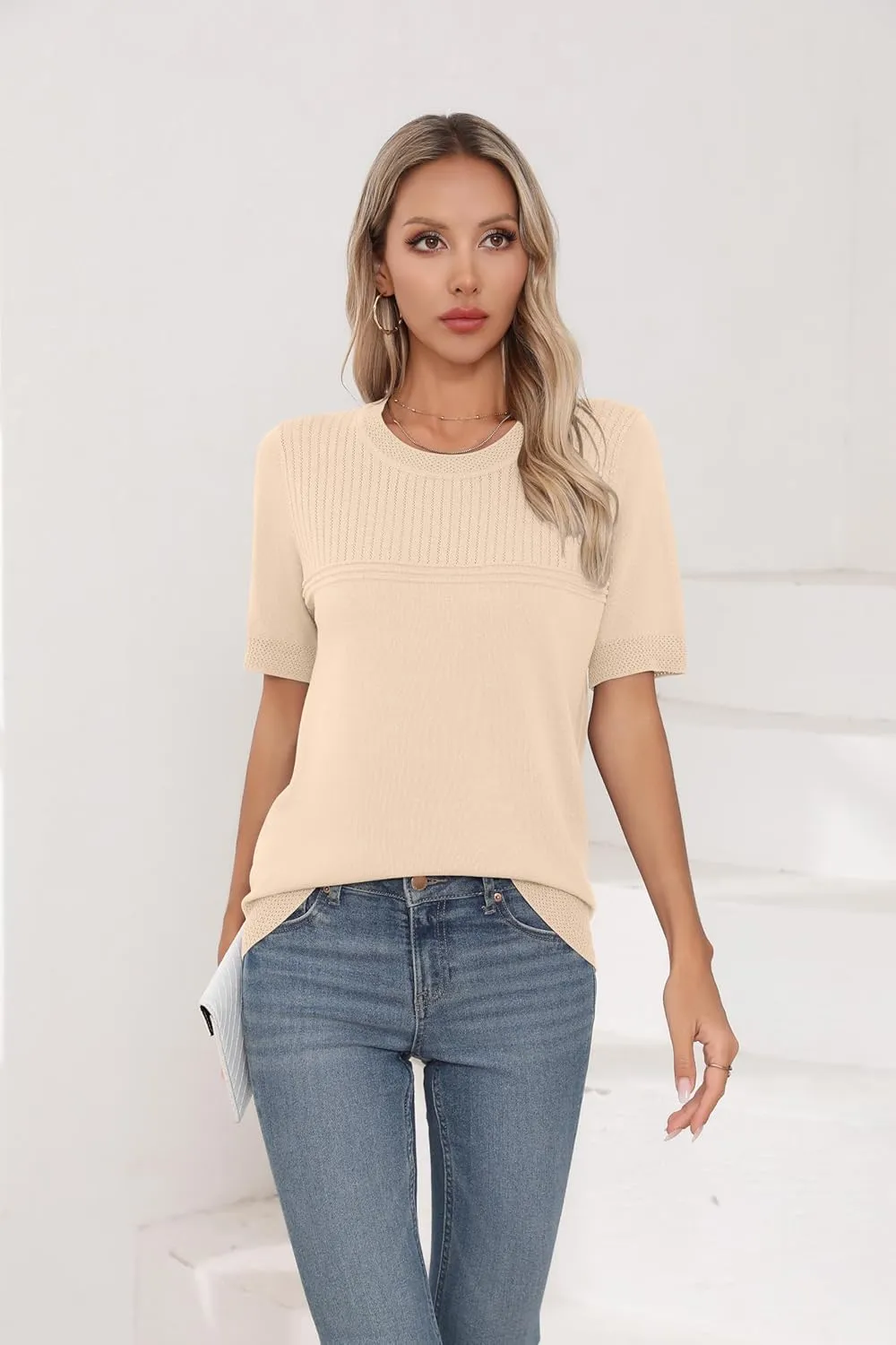 Womens Short Sleeve Sweaters Summer Tops Crew Neck Hollow Out Pullover Shirt Lightweight Knit Sweaters