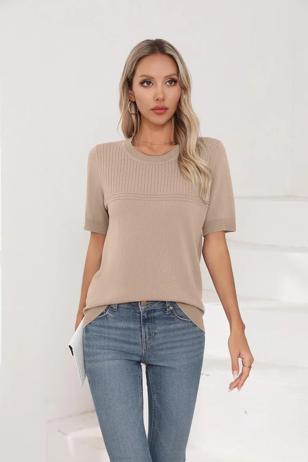 Womens Short Sleeve Sweaters Summer Tops Crew Neck Hollow Out Pullover Shirt Lightweight Knit Sweaters