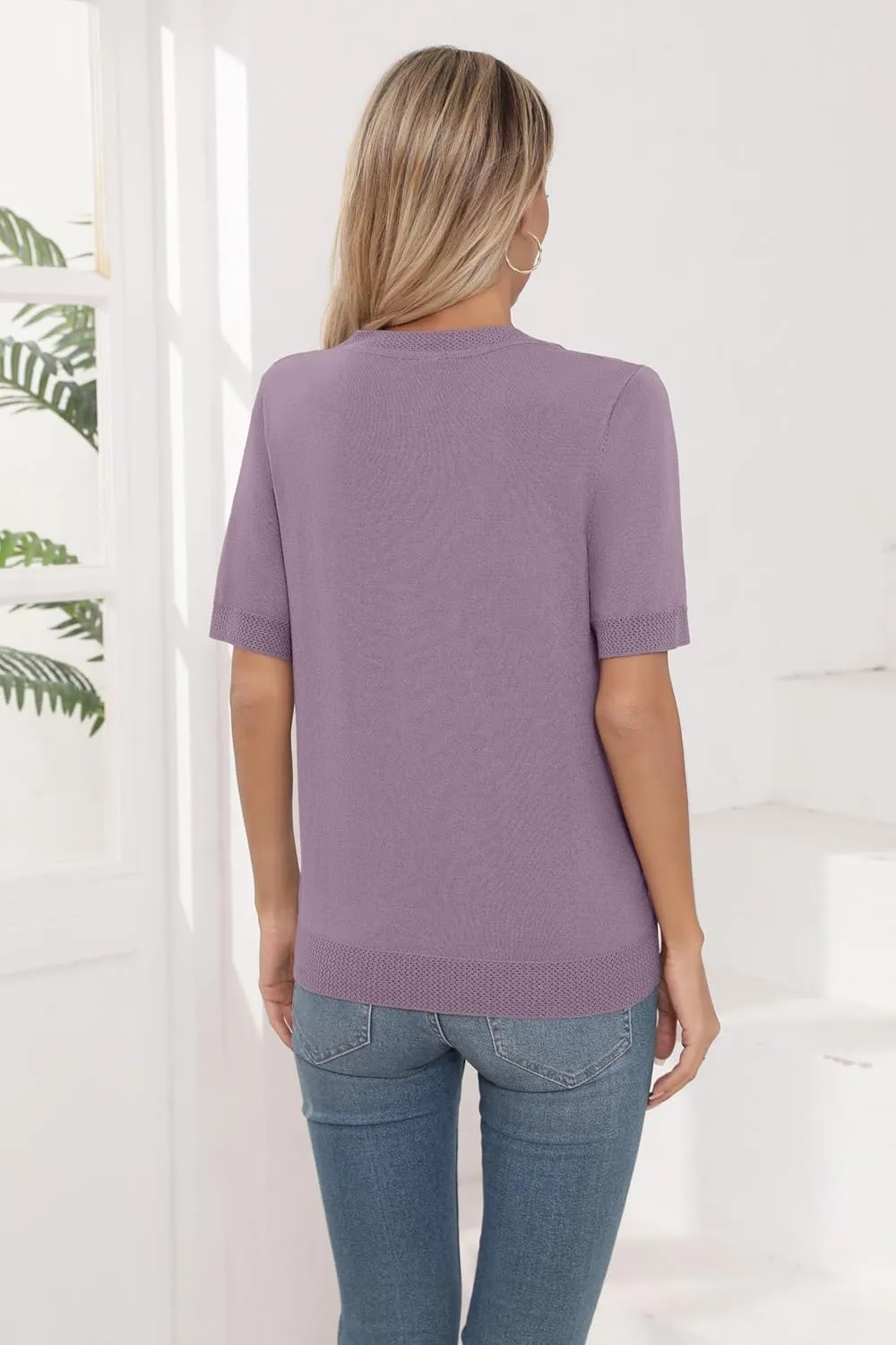 Womens Short Sleeve Sweaters Summer Tops Crew Neck Hollow Out Pullover Shirt Lightweight Knit Sweaters