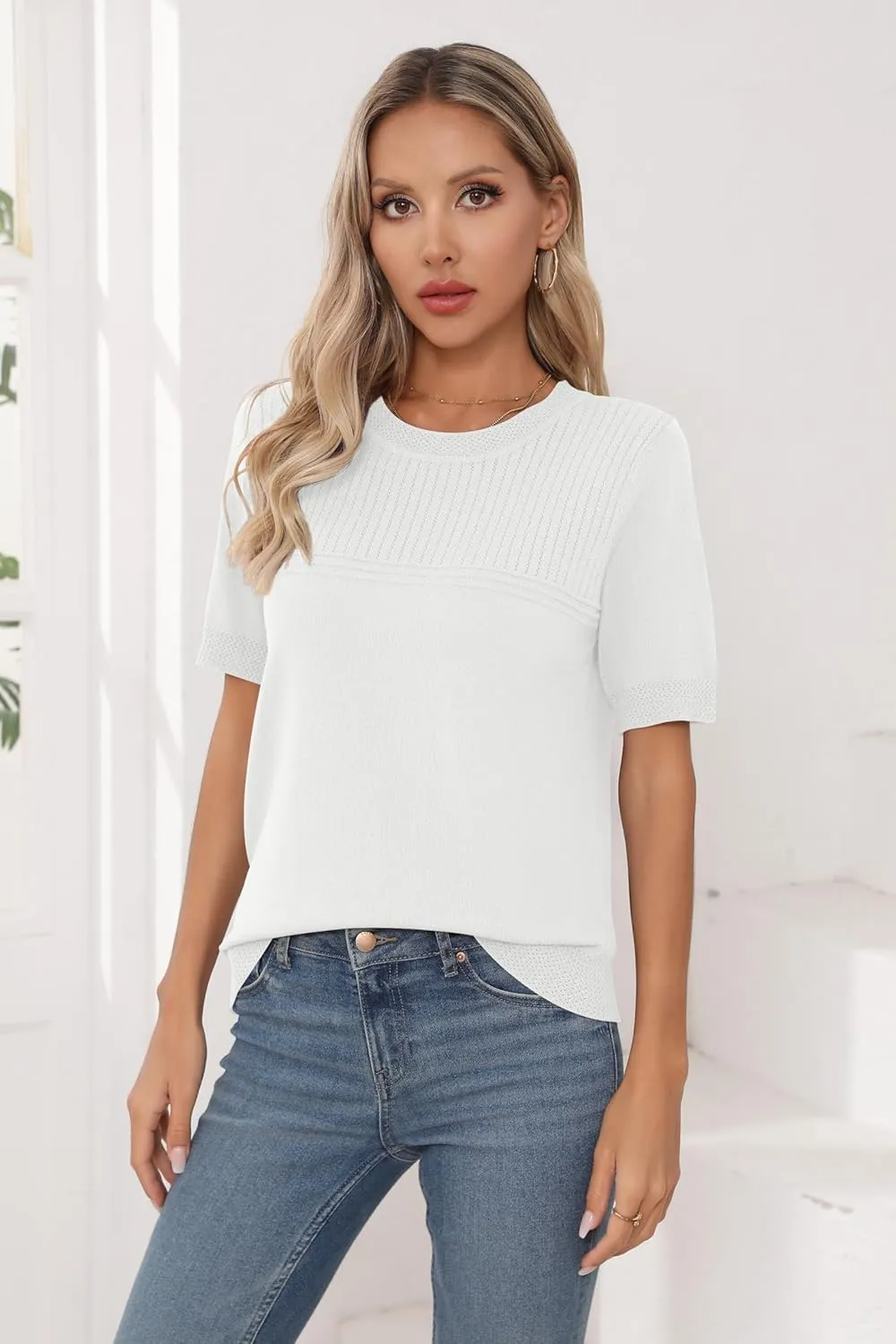 Womens Short Sleeve Sweaters Summer Tops Crew Neck Hollow Out Pullover Shirt Lightweight Knit Sweaters