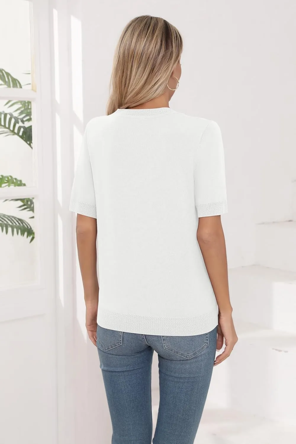 Womens Short Sleeve Sweaters Summer Tops Crew Neck Hollow Out Pullover Shirt Lightweight Knit Sweaters