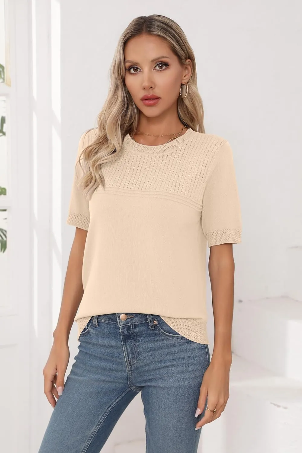 Womens Short Sleeve Sweaters Summer Tops Crew Neck Hollow Out Pullover Shirt Lightweight Knit Sweaters
