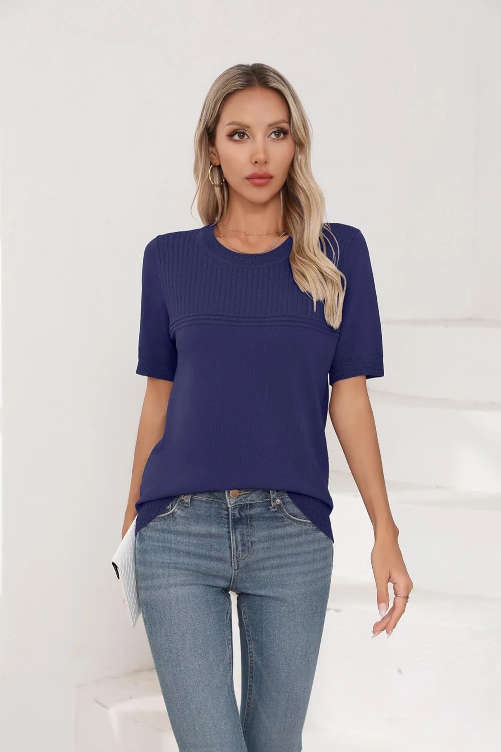 Womens Short Sleeve Sweaters Summer Tops Crew Neck Hollow Out Pullover Shirt Lightweight Knit Sweaters