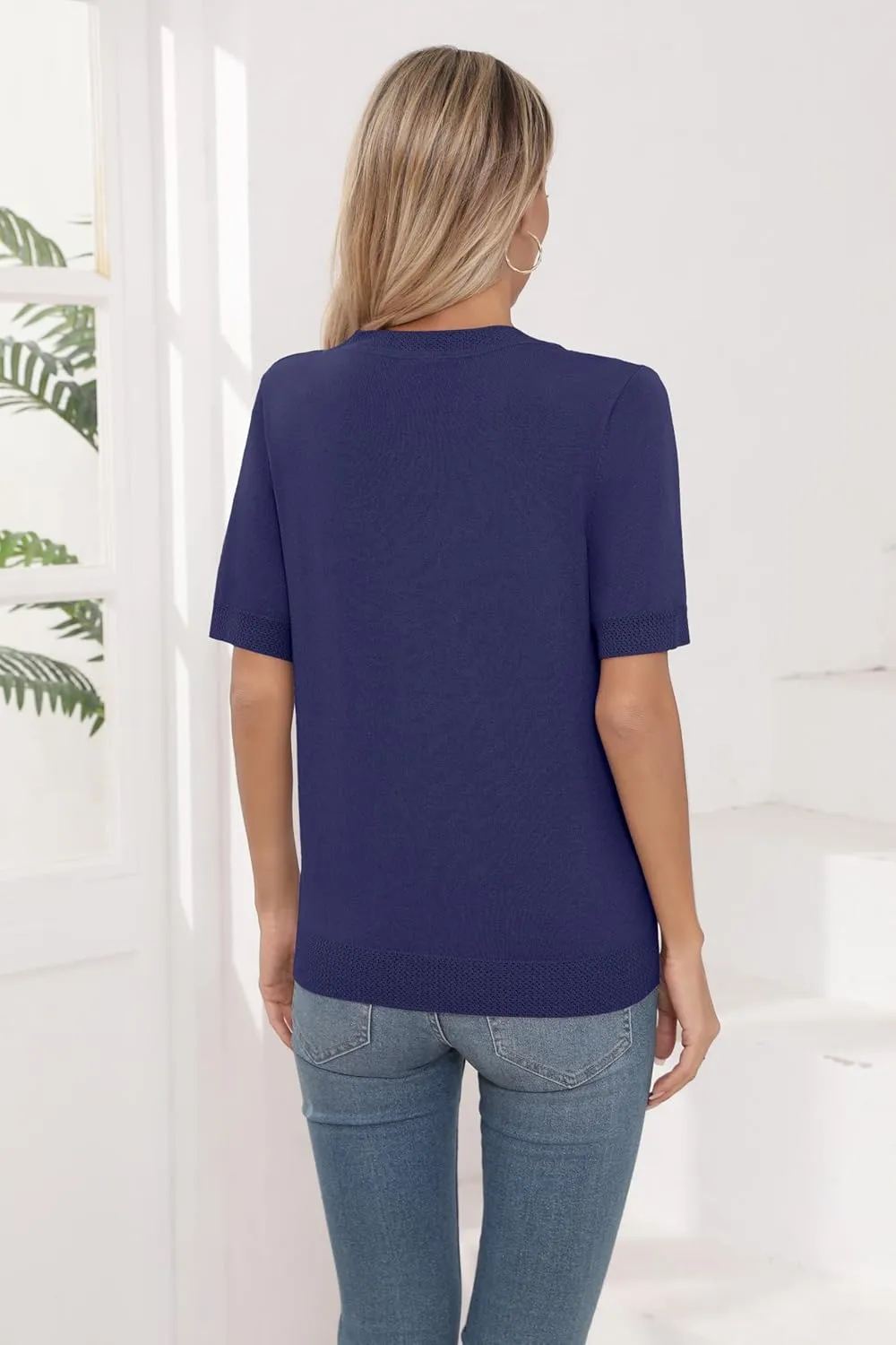 Womens Short Sleeve Sweaters Summer Tops Crew Neck Hollow Out Pullover Shirt Lightweight Knit Sweaters