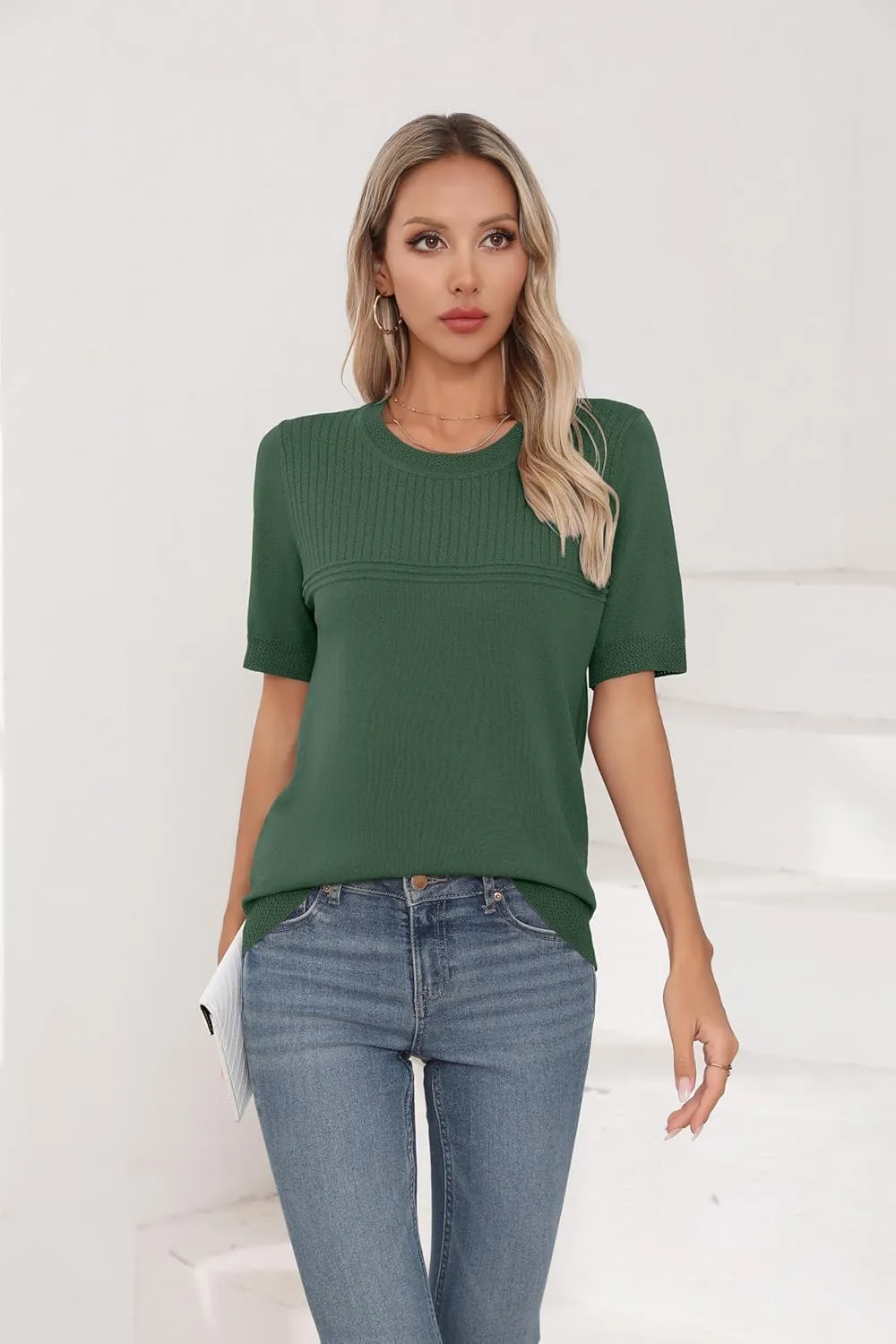 Womens Short Sleeve Sweaters Summer Tops Crew Neck Hollow Out Pullover Shirt Lightweight Knit Sweaters