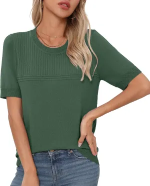 Womens Short Sleeve Sweaters Summer Tops Crew Neck Hollow Out Pullover Shirt Lightweight Knit Sweaters