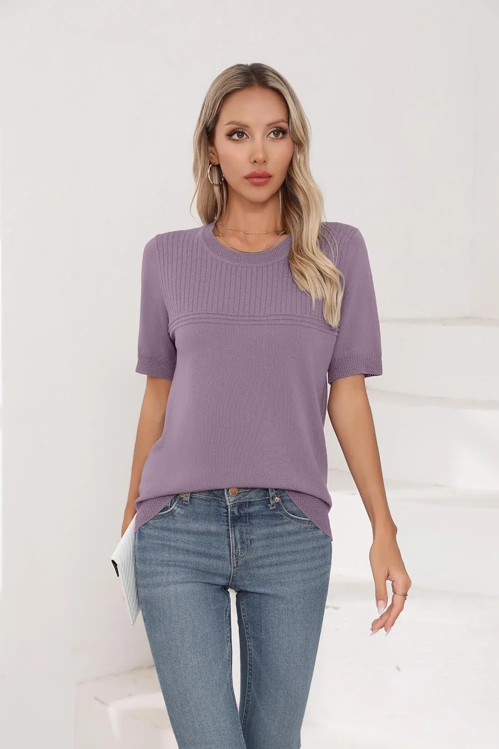 Womens Short Sleeve Sweaters Summer Tops Crew Neck Hollow Out Pullover Shirt Lightweight Knit Sweaters