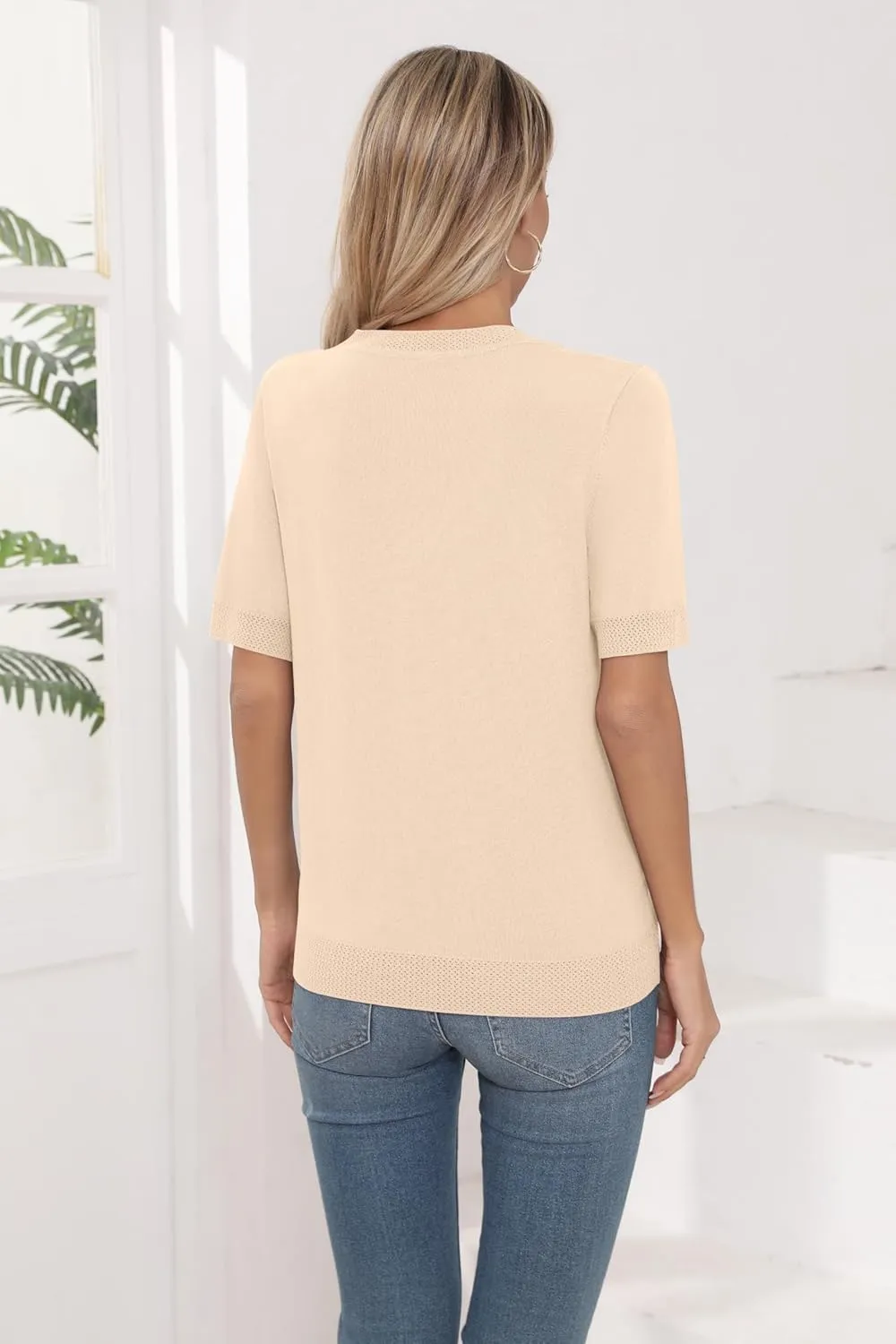 Womens Short Sleeve Sweaters Summer Tops Crew Neck Hollow Out Pullover Shirt Lightweight Knit Sweaters