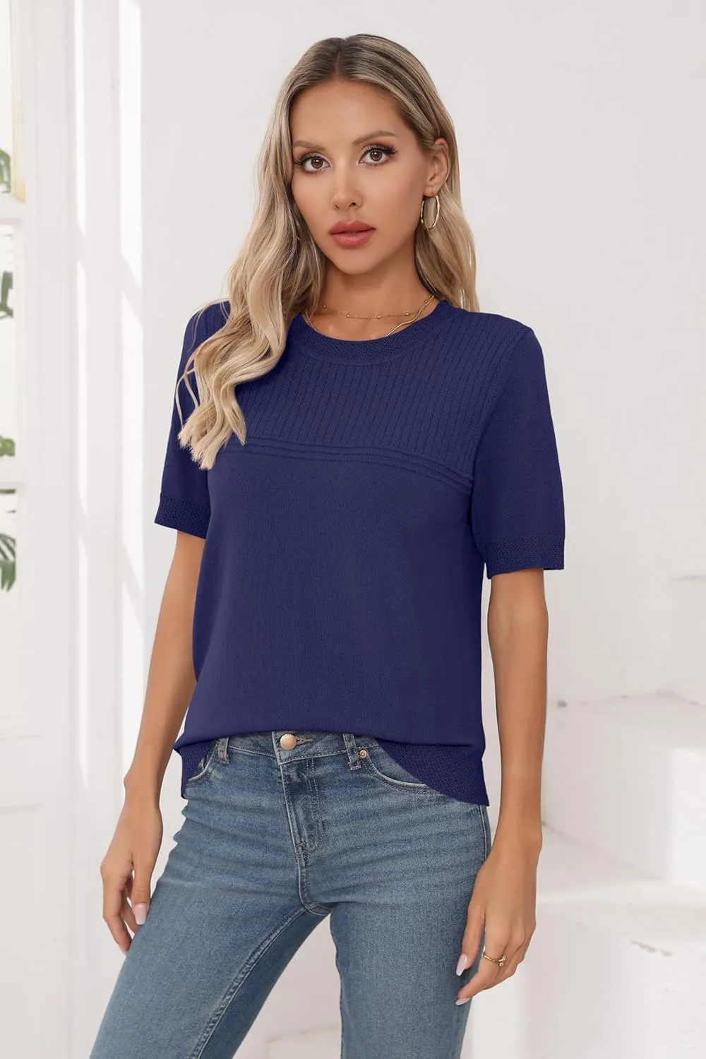 Womens Short Sleeve Sweaters Summer Tops Crew Neck Hollow Out Pullover Shirt Lightweight Knit Sweaters