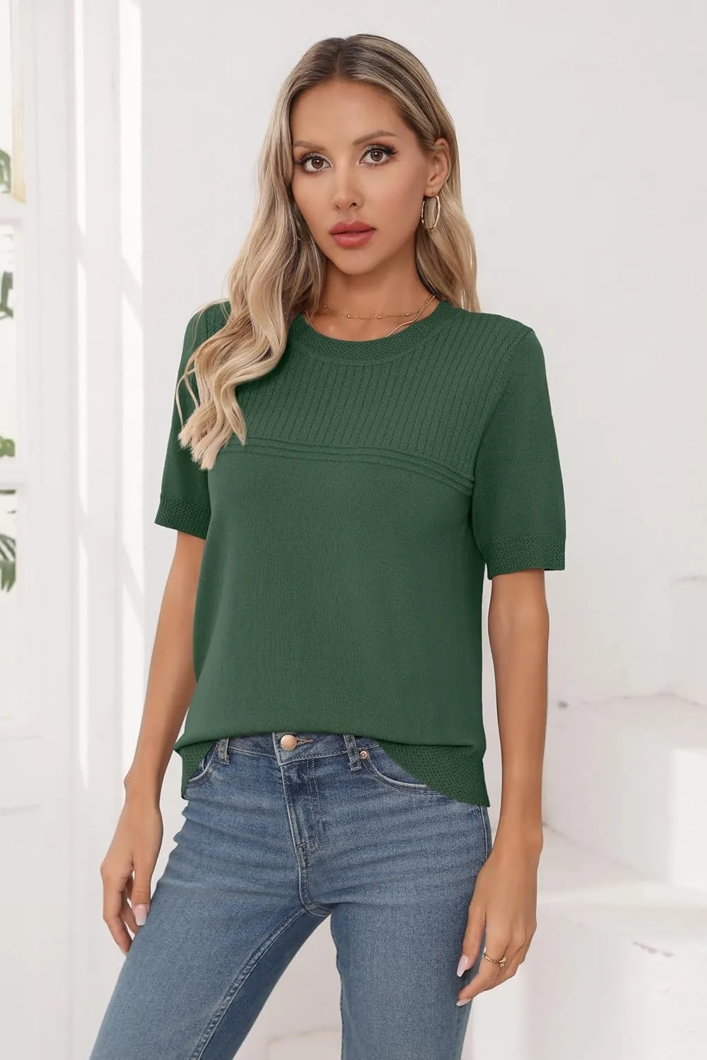 Womens Short Sleeve Sweaters Summer Tops Crew Neck Hollow Out Pullover Shirt Lightweight Knit Sweaters