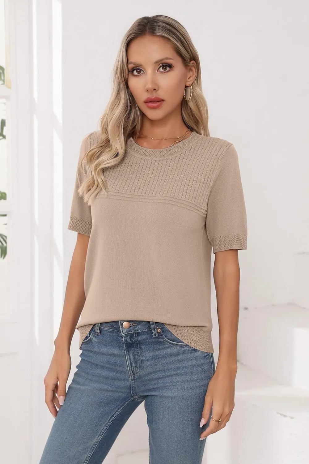 Womens Short Sleeve Sweaters Summer Tops Crew Neck Hollow Out Pullover Shirt Lightweight Knit Sweaters