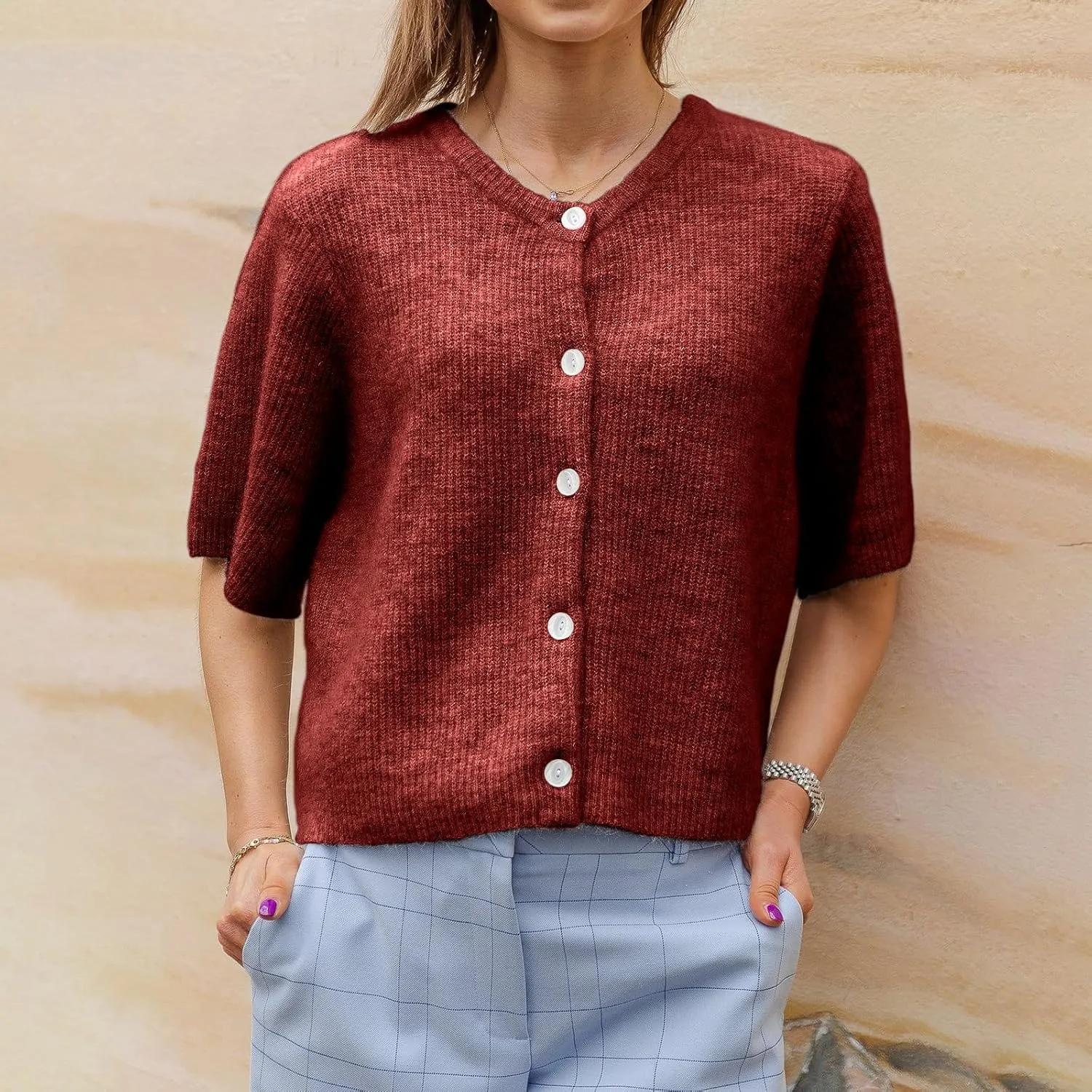 Womens Sleeveless Knit Cardigan Short Sleeve Button Down Cropped Knitted Sweater Y2k Solid Color Going Out Knit Top