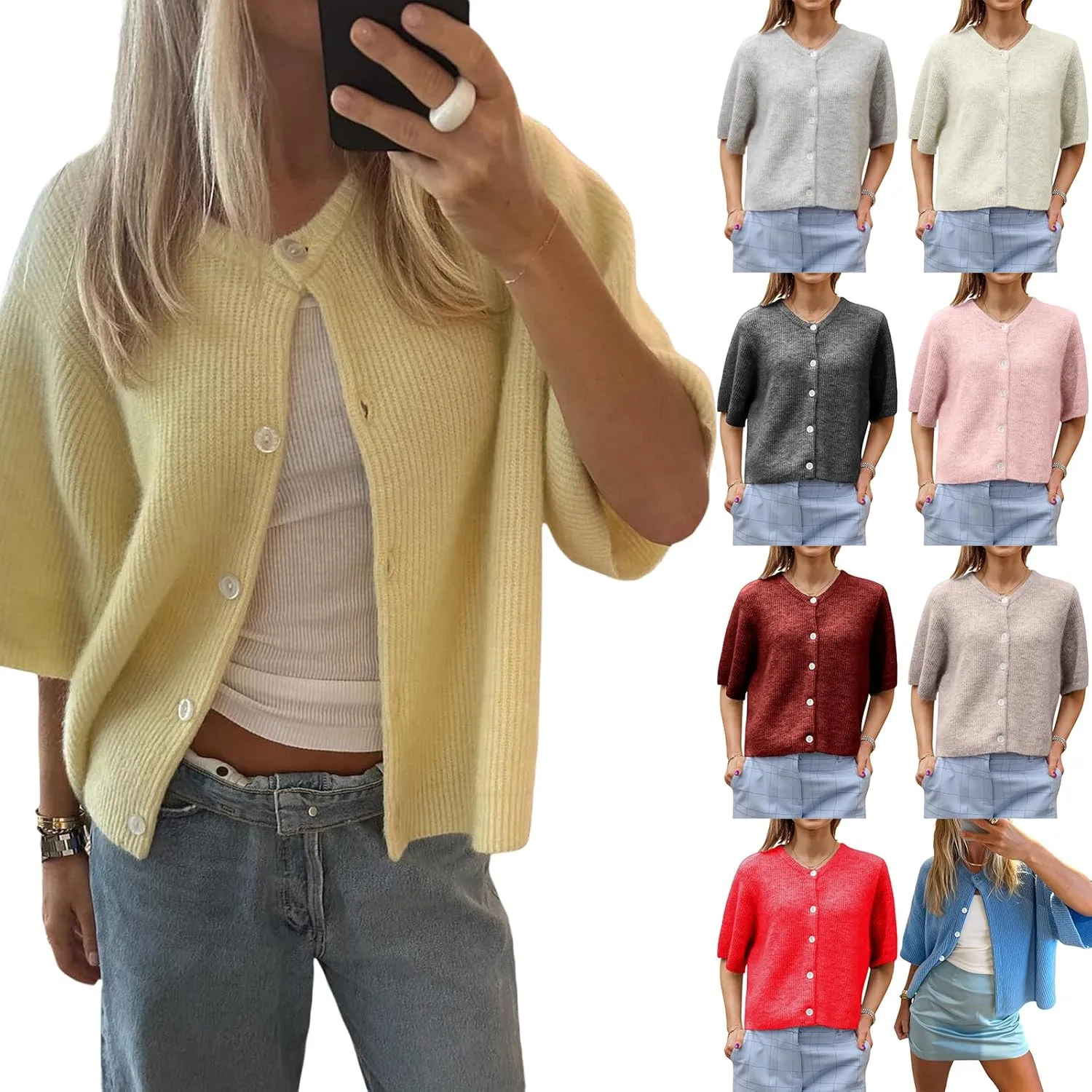 Womens Sleeveless Knit Cardigan Short Sleeve Button Down Cropped Knitted Sweater Y2k Solid Color Going Out Knit Top