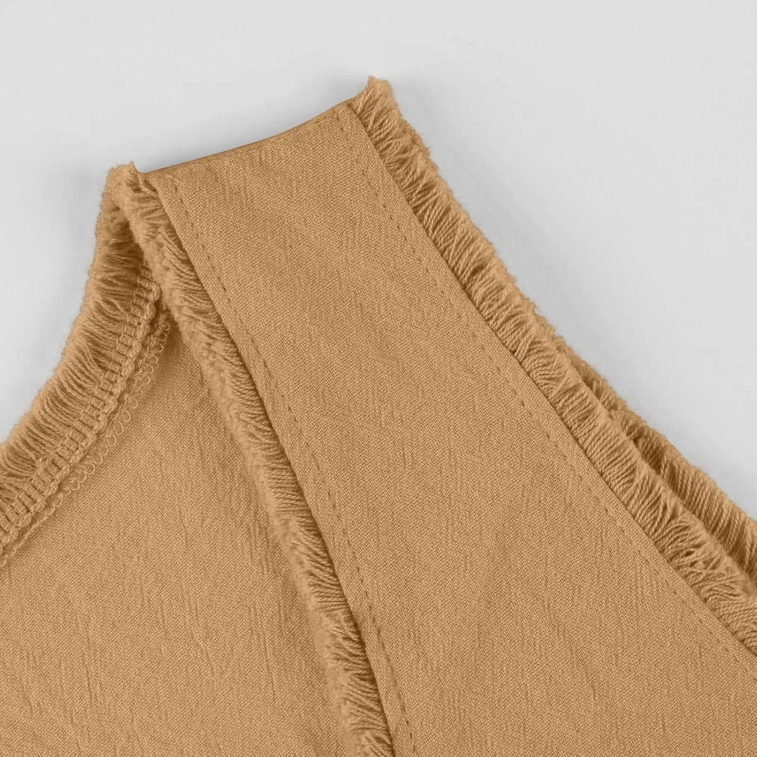 Womens Sleeveless Ruffled V Neck Vest Shirts Summer Cotton Linen Tank Tops Solid Color Raw Edge Hem Camisoles