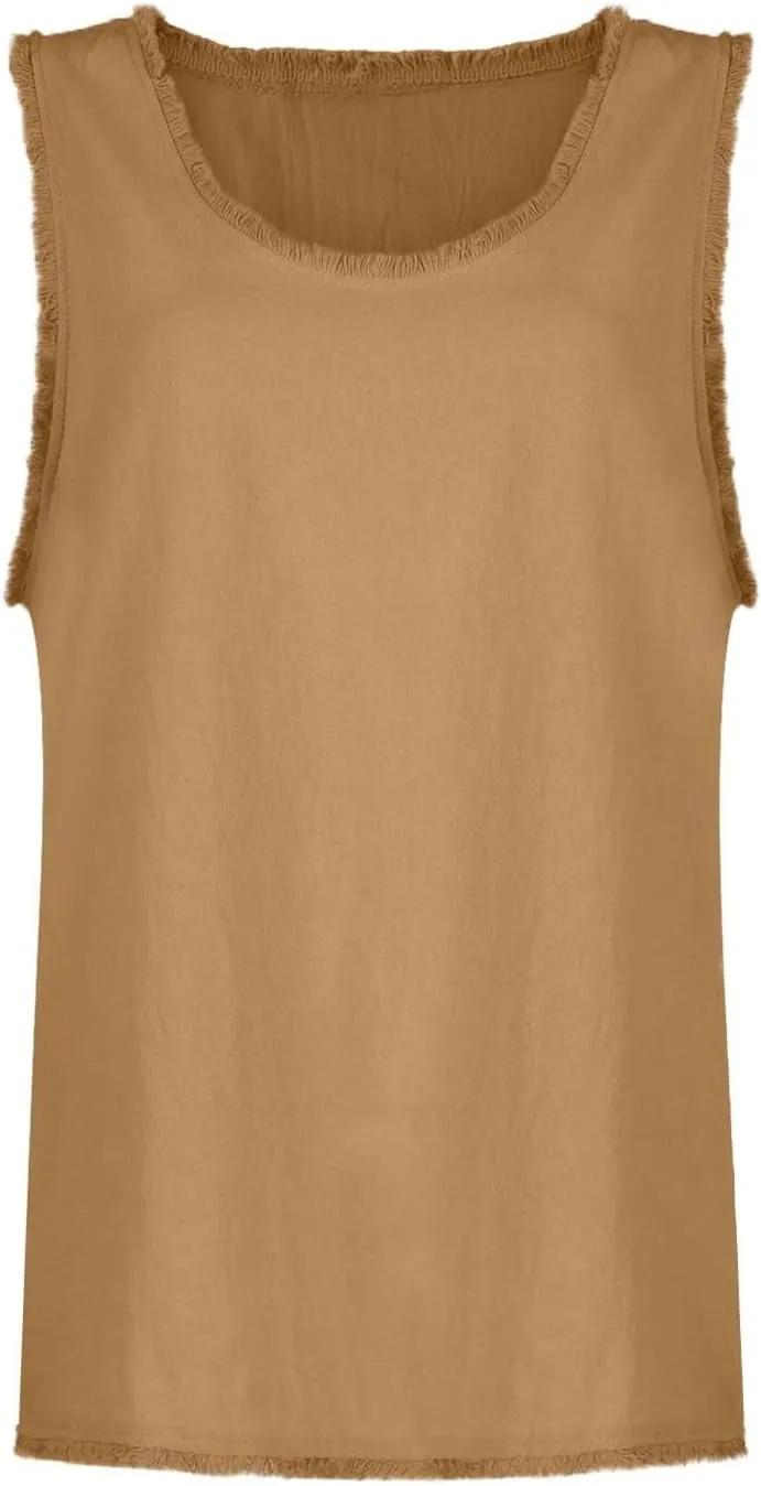 Womens Sleeveless Ruffled V Neck Vest Shirts Summer Cotton Linen Tank Tops Solid Color Raw Edge Hem Camisoles