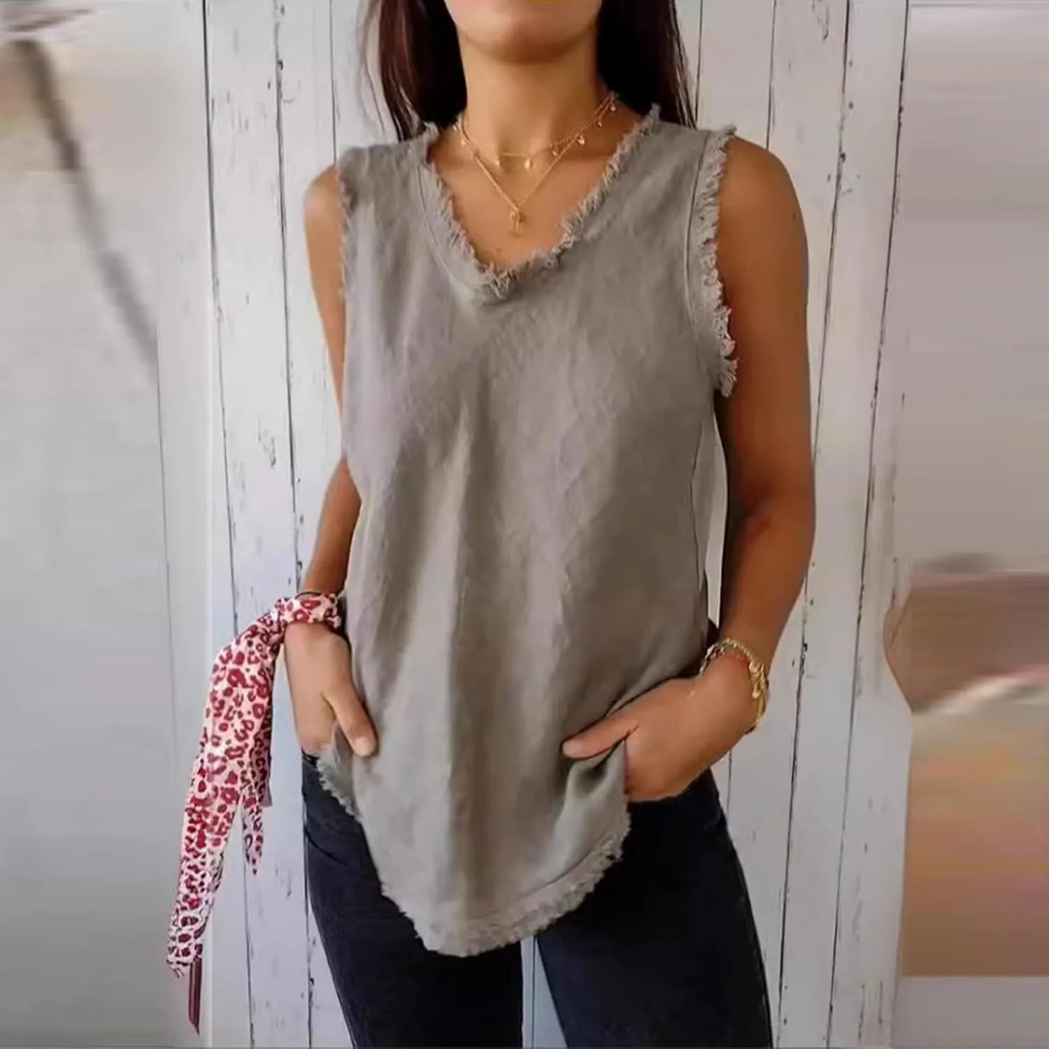Womens Sleeveless Ruffled V Neck Vest Shirts Summer Cotton Linen Tank Tops Solid Color Raw Edge Hem Camisoles